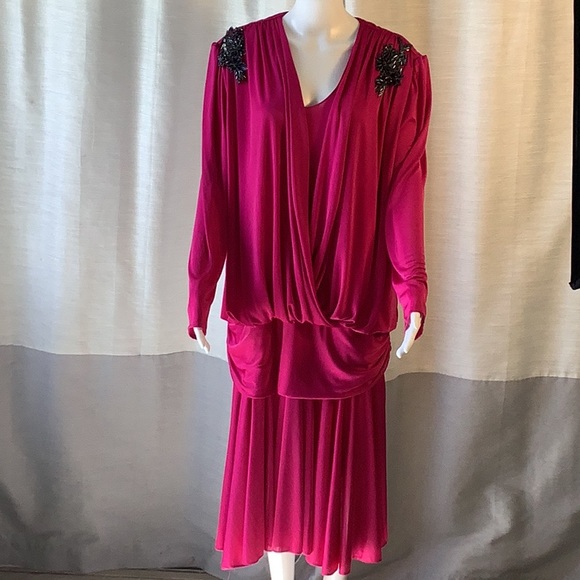 WHY Dresses & Skirts - WHY Plus Size 21/22 Pink Beaded Shoulder Drop Waist Long Sleeve Evening Dress